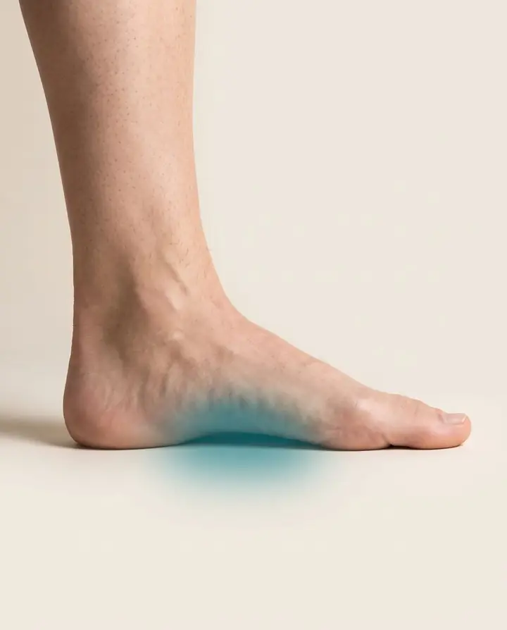 A standing foot in profile with a low arch highlighted