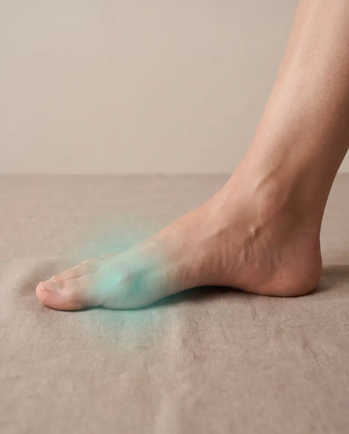 A foot with the big toe joint highlighted